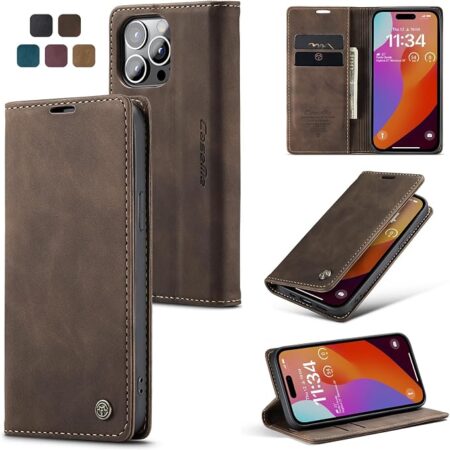 for iPhone 15 Pro Case, Flip Wallet Leather Case with Card Holder Magnetic Closure Shockproof Kickstand Protective Phone Cases Cover for iPhone 15 Pro, Coffee