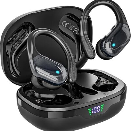 HAOYUYAN Wireless Earbuds, Sports Bluetooth Headphones, 80Hrs Playtime Ear Buds with LED Power Display, Noise Canceling Headset, IPX7 Waterproof Earphones for Workout/Running（Black）